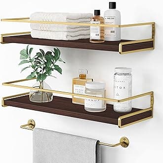 Floating Shelves Bathroom Shelves Over Toilet Set of 2, Bathroom Wall Shelves with Towel Bar, Wall Mounted Vanity Shelf for Bedroom, Kids Room, Kitchen (Brown & Gold)