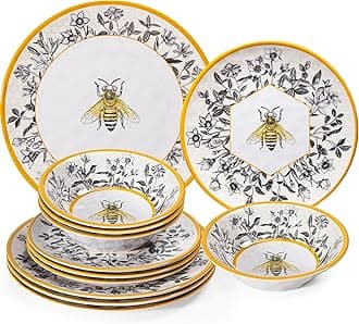 Honeycomb Bee Sweet 12-Piece Melamine Dinnerware Set,Melamine Dishes Set of 4, Lightweight and Unbreakable Garden Floral Dinner Plates and Side plates and All-purpose Bowls Set