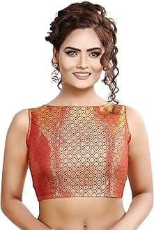 Madhu Fashion Womens Traditional Rich Banaras Brocade Sleeveless Readymade Saree Blouse