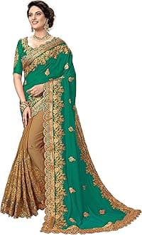 TRENDMALLSWomen's Silk Satin Embroidery Saree with Unstitched Blouse