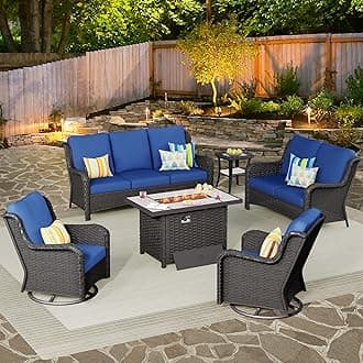 ovios 6 Pieces Patio Furniture Set with 42 inch Fire Pit Table, Outdoor Wicker Sofa Couch Loveseat, Swivel Rocking Glider Chairs, Modern Conversation Set, Brown Rattan, Navy Blue