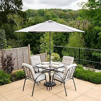 Hectare 4 Seater Metal Garden Furniture Outdoor Dining Set with Table and Parasol in Grey Stripe