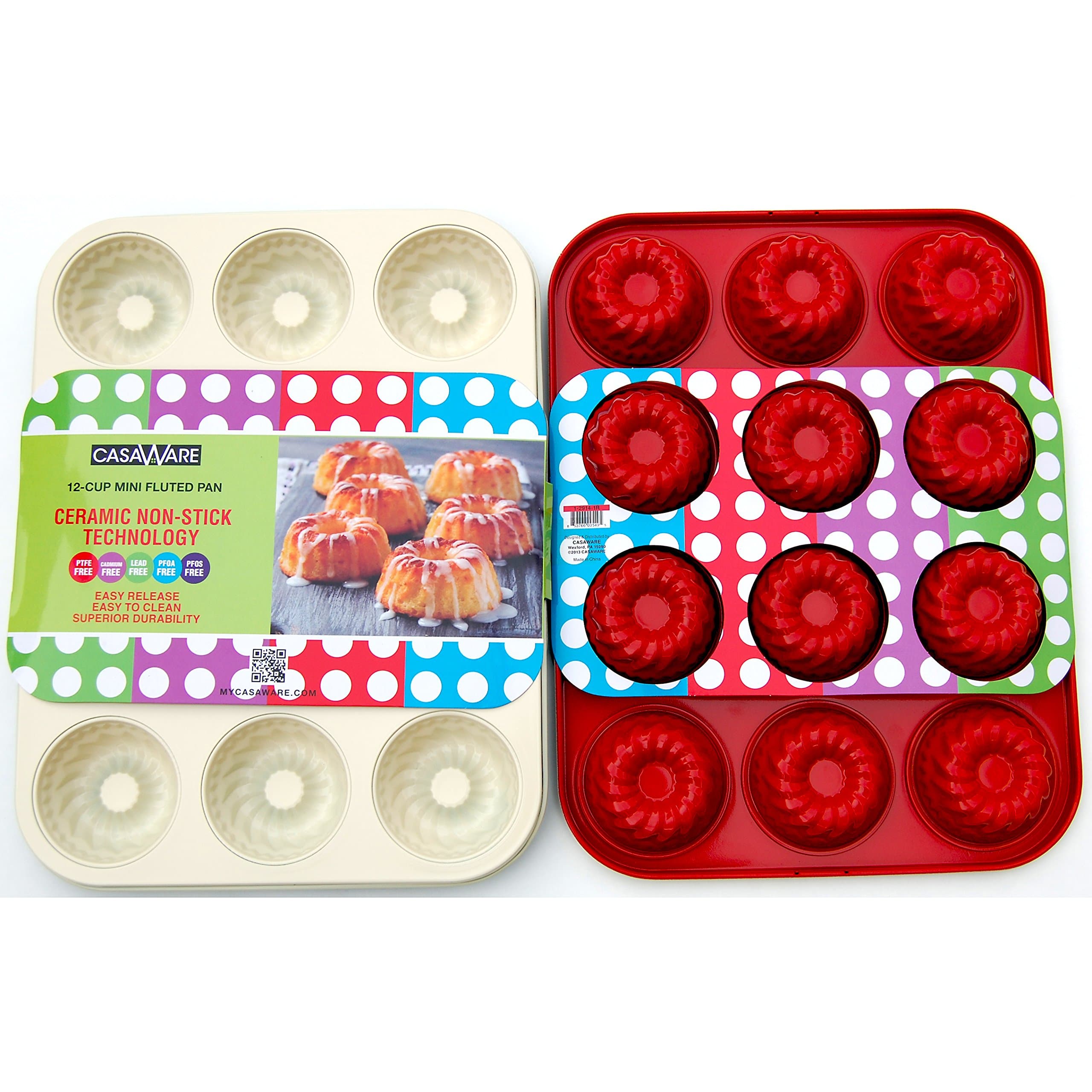 casaWare Mini Fluted 12 Cup Cake Pan Ceramic Coated Non-Stick (Cream/Red)