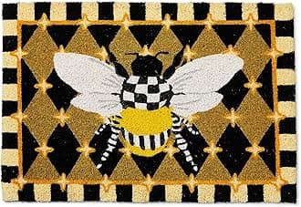 Entrance Mat, Decorative Outdoor Coir Doormat, Honeycomb with Bees, Black, 24" x 36"