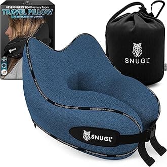 SNUGL Neck Travel Pillow - Memory Foam Airplane Pillow - Flight Pillow | Neck Support Travel Pillow with Carry Bag & Clip | Neck Pillows for Sleeping Travel Plane | Flying Travel Essentials - Blue