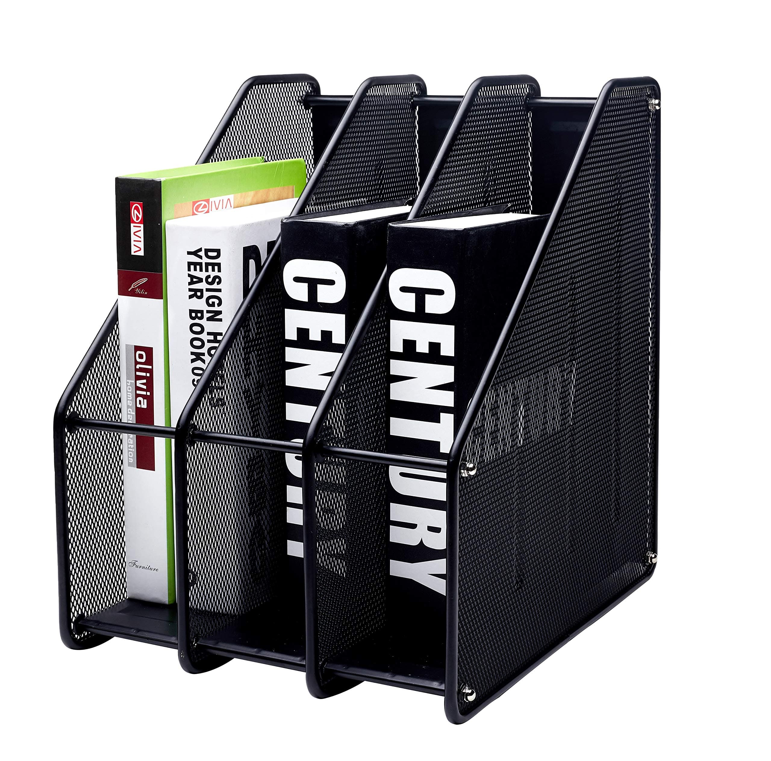 Magazine Holder Triple Rack, Mesh Metal - 3 Compartments Vertical - Documents/ Notebooks/ Folder/ Organiser(Black)