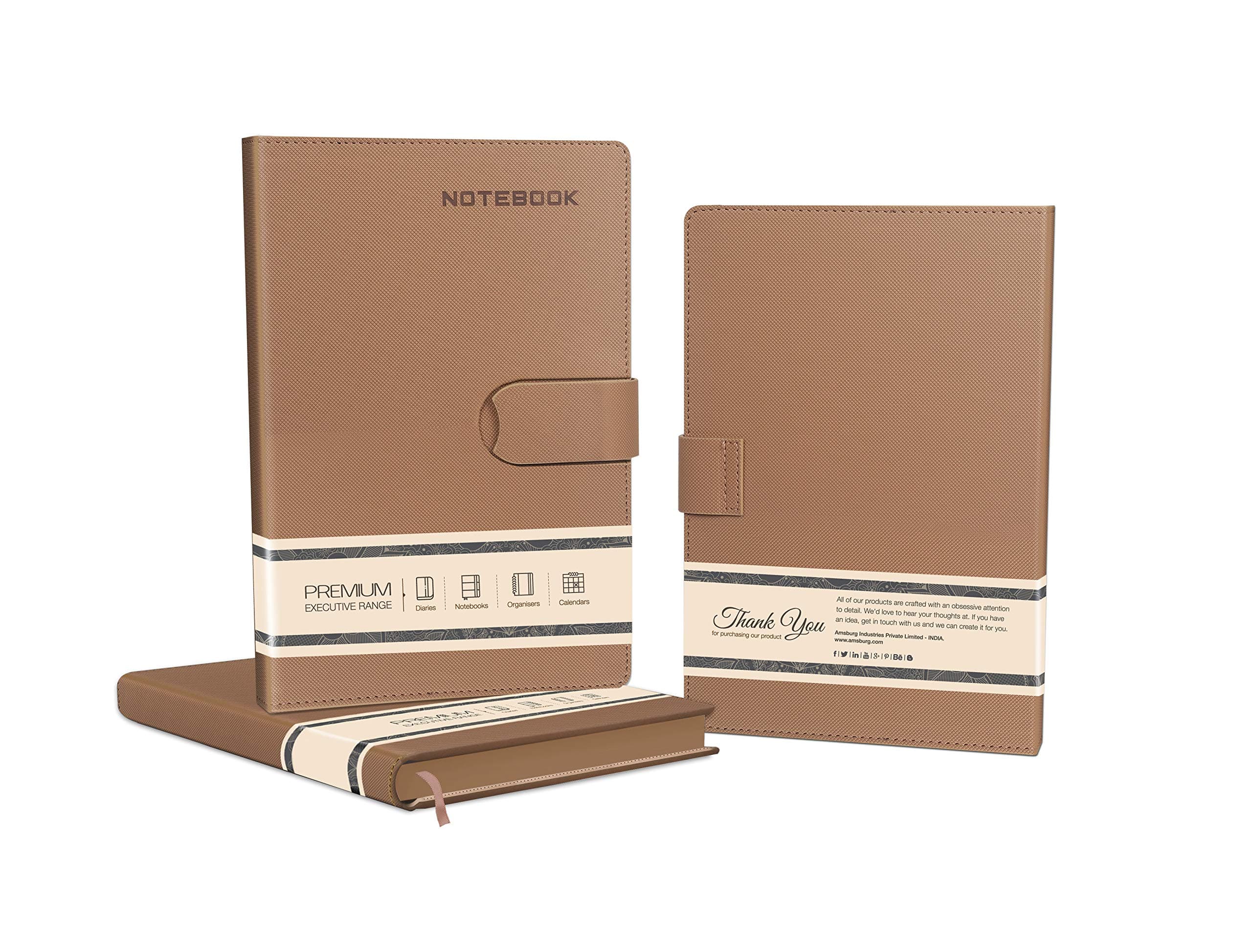 Amsburg Premium PU Leather Hidden Magnet Button Journal Notebook Diary (Golden Cream)