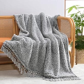 Ultra Soft Cozy Sherpa Throw Blanket, Light Weight Warm Decorative Throw Blanket with Tassel, 2 Tones Ombre Black Pattern Reversible Boho Style Blanket for Sofa, Couch, Bedroom,Travel, 60”x80”