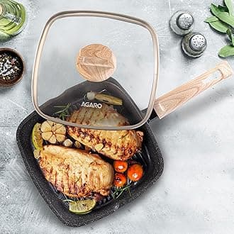 AGARO Imperial Granite Non Stick Grill pan with Glass Lid, 1.6L/ 24cm,Roast Pan, Cast Aluminium Body, Gas & Induction Compatible, Dark Grey