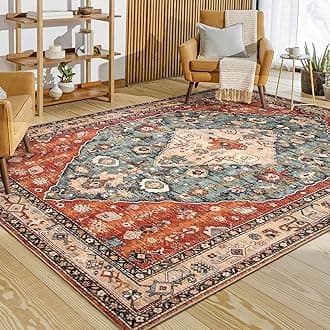 Lahome Boho Tribal 8x10 Area Rugs for Living Room, 8 x 10 Washable Rug for Bedroom Aesthetic, Large Oriental Vintage Soft Dining Room Carpet for Under Table Playroom (Rust/Dull Teal,8x10ft)