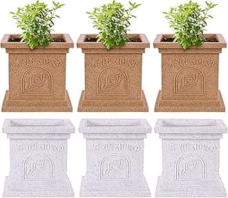 Heart Home Pack of 6 Plastic Tulsi Mancha For Home | 12 Inch Modern Tulsi Gamla/Planter Pot for Home Decor, Balcony & Garden | Marble White & Beige