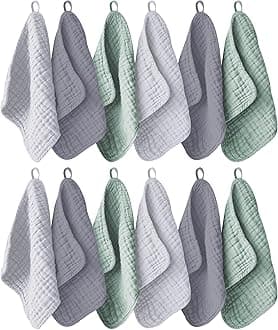 12 Pack Muslin Washcloths for Baby - 100% Cotton Baby Wash Cloths for or Baby Face Body Comfy and Soft for Newborn Infants Kids Girls and Boys - 12"x12" - Grey, Green and Slate