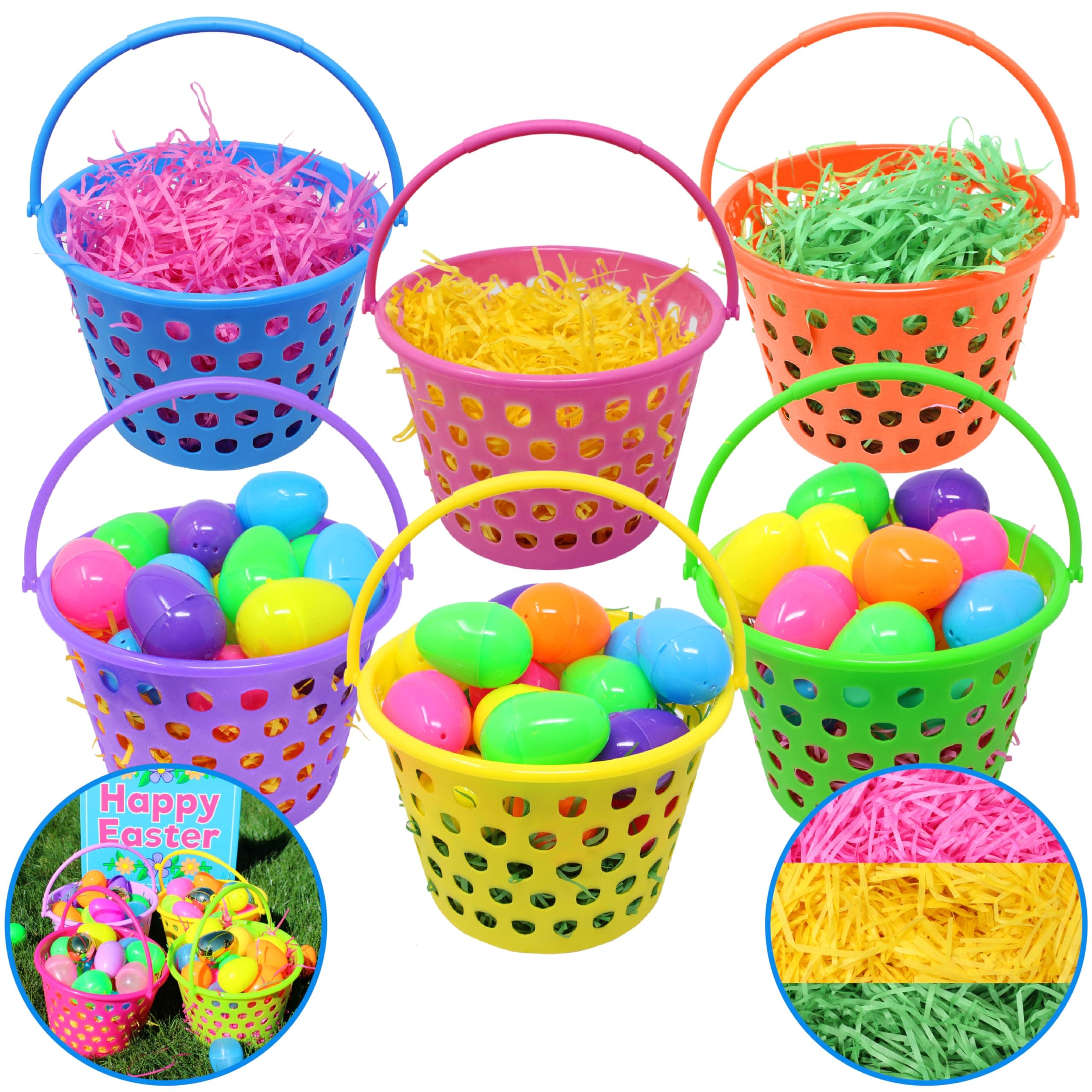 JOYIN 6 Pieces 8" Easter Egg Baskets with Handle and 55 g Tricolors Easter Grass for Easter Theme Garden Party Favors, Easter Eggs Hunt, Easter Goodies Goody, Basket Fillers Stuffers Toy