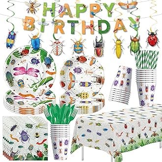 Bug Birthday Party Decorations for Kids, Garden Nature Themed Insect Party Supplies for Birthday Baby Shower, Paper Plates, Cups, Napkins, Banner, Swirls, Tablecloth, Cutlery, Serves 24
