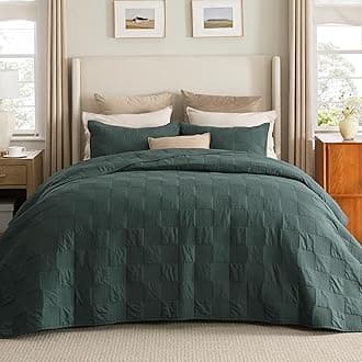 100% Cotton Quilt Set - Lightweight Queen Bedspread, Cozy Emerald Green Bedding Coverlet 3-Piece with Pillow Shams in Checker Pattern for All Season, 90x96 inches, 100% Cotton Voile