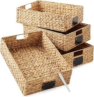 Set of 4 Water Hyacinth Pantry Baskets, 12-1/2" x 17" x 5", with Chalkboard Labels and Chalk Marker - Natural, Woven Storage Bin Organizers for Kitchen Shelves