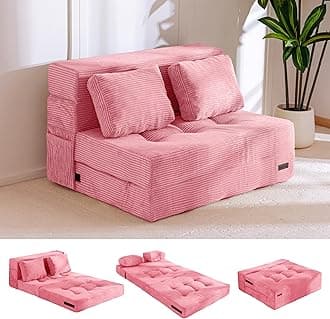 Convertible Sofa Bed, Fold Out Loveseat Sleeper Sofa with Pillow, 4 in 1 Tufted Folding Couch Bed Foam Floor Couch, Lazy Chair for Living Room Bedroom Guest Room, Pink