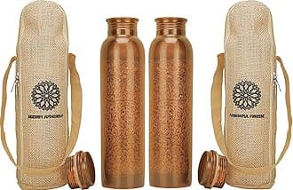 34 Ounce Antique Copper Bottle 1000 ml Pure Copper Water Bottles with Canvas Carry Bag for Sports, Gym Yoga, Hiking, Handmade Antique Ayurvedic Vessel 1 liter - Pack of 2