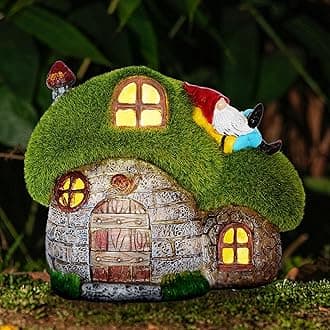 ILLUMINEW House Garden Statues with Solar Lights, LED Cute Flocked Fairy House with Gnomes Garden Figurine, Outdoor Patio Yard Lawn Decorations Gift