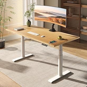 E6 Pro Oval Leg Dual Motor 3 Stages Bamboo Electric Standing Desk 55x28 Inch Whole-Piece Board Height Adjustable Electric Sit Stand Up Desk (White Frame + Bamboo Desktop)