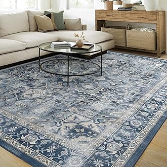 RUGGABLE Washable Vintage Area Rug – Kamran Admiral Blue 8x10, Stain-Resistant, Non-Slip – Large Machine Washable Rugs for Living Room, Bedroom, Hallway, Entryway & Office–with Standard Pad