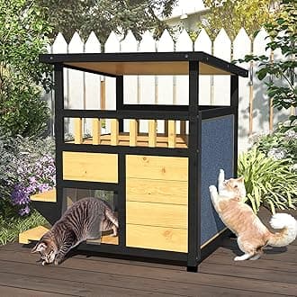 Cat House Weatherproof, Wooden Two Story Feral Cat Shelter with Escape Door, Indoor/Outdoor Enclosure for Small/Medium Pets, Pull-Out Bottom & Scratching Mat Included - Black and Earthy yellow