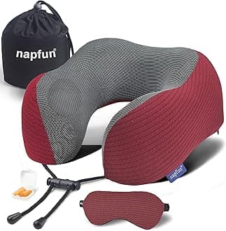 Neck Pillow for Travel with Travel Pouch, Sleep Mask & Earplugs, Memory Foam Airplane Pillow for Headrest Sleep with Eyeshades, Plane Essentials with Eye Blindfold, Burgundy Striped Kit