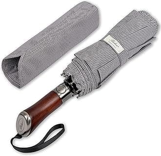 (Designed in UK) Travel Umbrella Luxurious Golden Hardwood Handle Auto Open & Close Windproof Frame Single Canopy Automatic Folding Umbrella Men's & Ladies