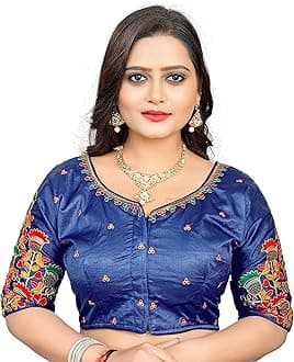 Cotton Silk All Over embrodered Round Neck Cutwork Half Sleeves Saree Blouse Readymade Crop Top Choli for Girls & Womens Free Size (503)