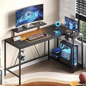 58 L Shaped Gaming Desk with LED Lights & Power Outlets,Reversible Home Office Corner Desk with Shelves,Larger PC Workstation with Hooks for Studying,Desk for Bedroom,Carbon Fiber Black