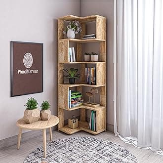 Sheesham Wood Free Standing Book Shelf | Multipurpose Bookshelf Storage Display Rack with 10 Open Shelves for Office | Decorative Corner Shelf Bookcase for Home Decor | Pine Finish