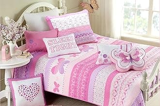 Cozy Line Home Fashions 5 - Piece Quilt Bedding Set, Pink Butterfly Bedspread, Coverlet, 100% Cotton, Gifts for Girl Kids (Twin - 5pc: 1 Quilt + 1 sham + 3 Decorative Pillows)