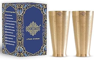 INDIAN ART VILLA Set of 2 Brass Lassi Glass with Embossed Design, Drinkware & Serveware for Lassi, Milk, and Water, Height-6.5" Inches, Volume-600 ml