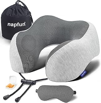 NAPFUN Neck Pillow for Traveling, Travel Neck Pillow for Airplane 100% Pure Memory Foam Travel Pillow for Flight Headrest Sleep, Portable Plane Accessories, Light Grey Set