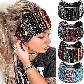 FULZTEY Boho Headbands For Women Fashion Stretch Wide Hair Bands Knotted Floral Turban Stripe Head Bands Yoga Running Sweatband Large African Headwrap Hair Accessories for Teen Girls 4Pcs