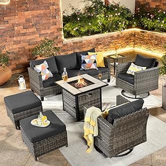ovios 7 Pieces Patio Furniture Set with Square Fire Pit Table, Swivel Rocking Chairs, Outdoor High Back Wicker Rattan Conversation Set for Deck Porch, Black