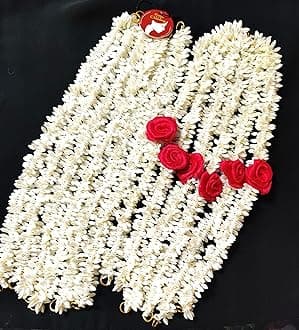 Pretty Charming Handmade Artificial Flower Plastic Gajra Veni Garland for Hair 6 Magenta and 6 White 13 Inch long set of 12 with freebie