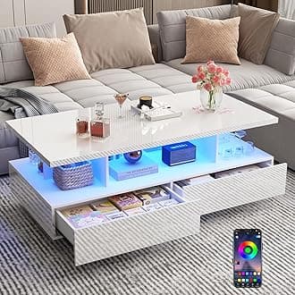 LED Coffee Table w/ 2 Storage Drawers,App Control,High Gloss Modern White Coffee Table w/60,000-Color Lights,Rectangle 2-Tier Center Table w/Display Shelf for Living Room