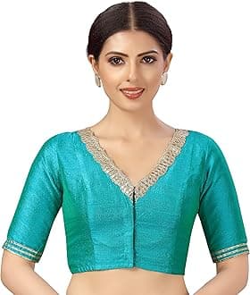 Studio Shringaar Women's Readymade Silky Saree Blouse Elbow Length Sleeves with Embroidered Neck Choli