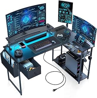 Gaming Desk, 47 inch L Shaped Gaming Desk, Computer Desk with LED Lights & Adjustable Stand, Power Outlets, Storage Drawer, Reversible with Shelves, Hook, Black Carbon Fiber