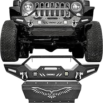 OEDRO Front Bumper and Skid Plate Compatible for 2007-2018 Jeep Wrangler JK & Unlimited, Rock Crawler Bumper with Winch Plate Mounting & 4 x LED Lights & 2 x D-Rings Off Road