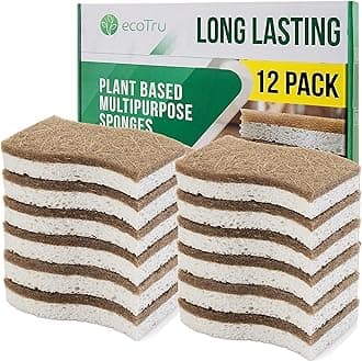 12 Pack Natural Kitchen Sponges, Compostable White Cellulose & Organic Coconut Scrubber Sponge for Washing Dishes, Kind Eco Friendly Non Toxic & Biodegradable Dishwashing Sponges