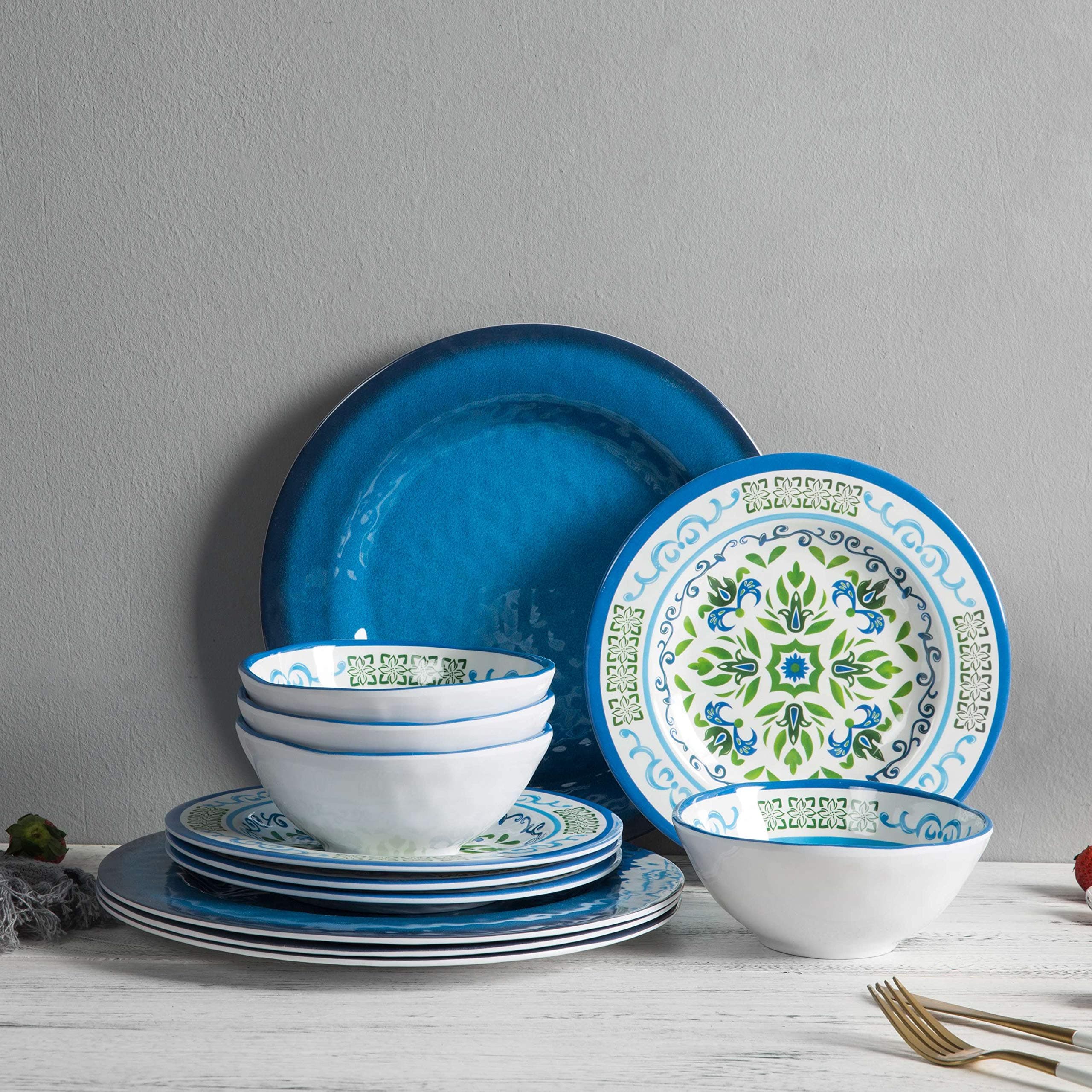 Melamine Dinnerware Sets for 4-12pcs Plates and Bowls Sets,Unbreakable, Dishwasher Safe, Indoor Outdoor Use
