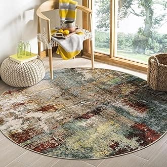 Modern Abstract Round Rug 4Ft - Washable 4x4 Circle Rugs for Living Room Bedroom Bathroom Non Slip, Soft Indoor Floor Carpet for Kitchen Entryway Family Room, Red/Multi