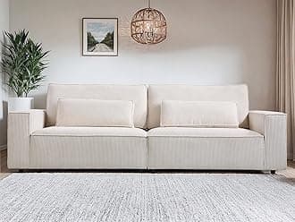 HIFIT 105" Modern White Sofa Couches for Living Room, Comfy Corduroy Fabric Couch w/28 Deep Seat & Fluffy Cushion, 4-Seater Home Sofa Living Room Furniture for Office with 2 Pillows, Solid Wood Frame