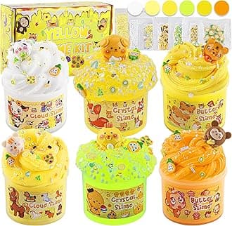 LAWOHO 6 Packs Gradient Yellow Slime Kit - Clear, Butter, Cloud Slimes, Fluffy Slimes for Kids with Charms & Animal Add-ins, Party Favors for Girls & Boys, 360ml Non Stick Slime Making Kit for Kids