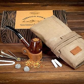 Tobacco Pipe with Waxed Canvas Pipe Roll, Handmade Wooden Pipe with Ultimate Beginner Guide E-Book, Travel Tobacco Bag - Smoker Gift Set and Accessories