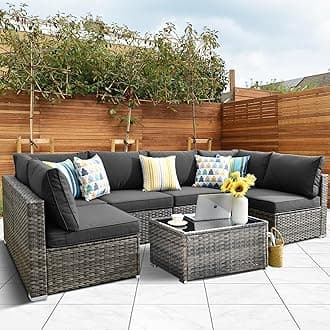 HOOOWOOO Patio Outdoor Sectional Furniture Sofa Set,7 Piece U Shaped Corner Wicker Rattan Couch Set,Rustic 6 Persons Summer Patio Conversation Set for Outside Porch Deck Garden(Black)