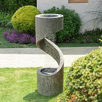 Glitzhome Outdoor Water Fountain with LED Light, Modern Spiral Tiered Outdoor Fountain with Stone Planter, Curved Freestanding Waterfall Fountains for Garden Patio Deck Porch, 40”H