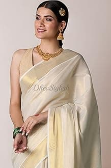 DhevStylish Women's Kerala Kasavu Golden Tissue Plain Saree with Running Blouse | Saree length: 6.25 Meters | Blouse: Running Blouse only